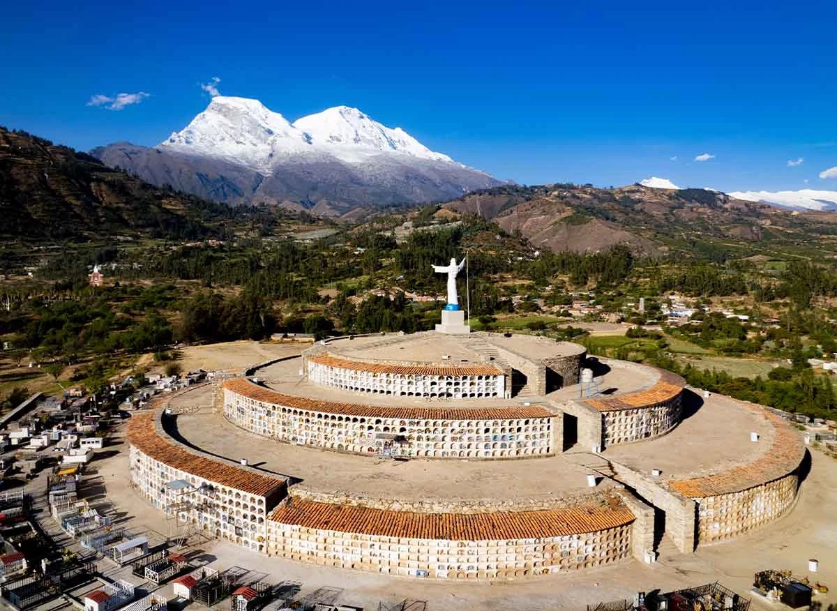 Aerial view of the terraced cemetery, Monumental Christ and Mount Huascarán